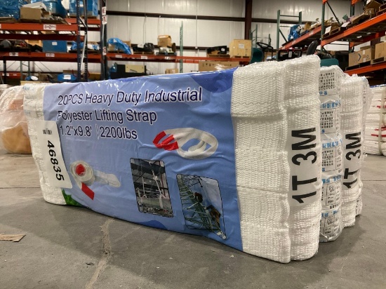 UNUSED HEAVY DUTY INDUSTRIAL LIFTING STRAP; POLYESTER; APPROX 2200 LBS; APPROX 1.2 IN X 9.8 FT;