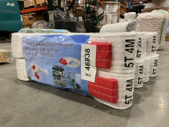 UNUSED HEAVY DUTY INDUSTRIAL LIFTING STRAP; POLYESTER; APPROX 11000 LBS; APPROX 3.9 IN X 13 FT;