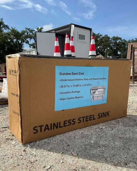 UNUSED UNDERMOUNT STAINLESS STEEL KITCHEN SINK WITH FAUCET AND BASE; APPROX 39 IN X 20 IN X 32 IN