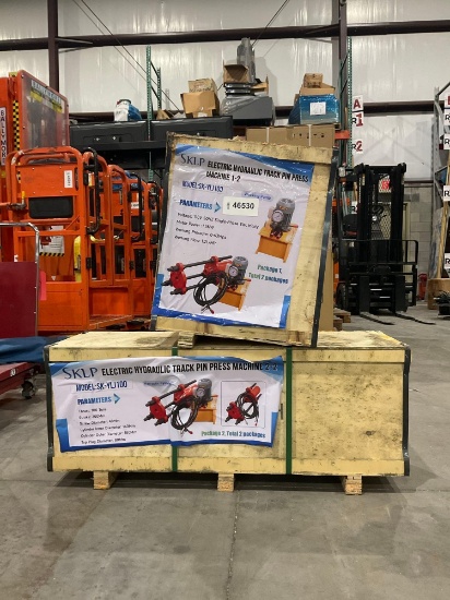UNUSED 2026SKLP HYDRAULIC TRACK PIN PRESS MACHINE MODEL SK-YLJ100, 2 CREATES ,APPROX 110V, APPROX