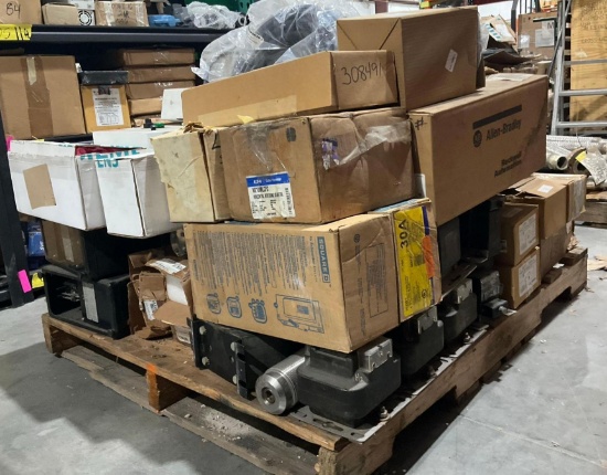 PALLET OF INDUSTRIAL ELECTRICAL EQUIPMENT AND COMPONENTS; MULTIPLE BRANDS, MODELS, AND CAPACITIES;