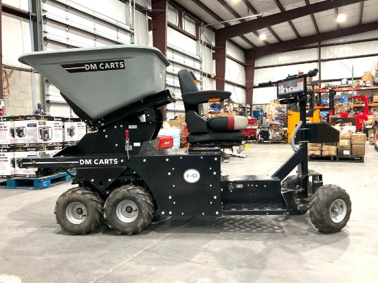 DM CART MODEL F-52 W/ HYDRAULIC DUMP, ELECTRIC, APPROX750LBS MAX DUMP, HITCH , RUNS & DRIVES