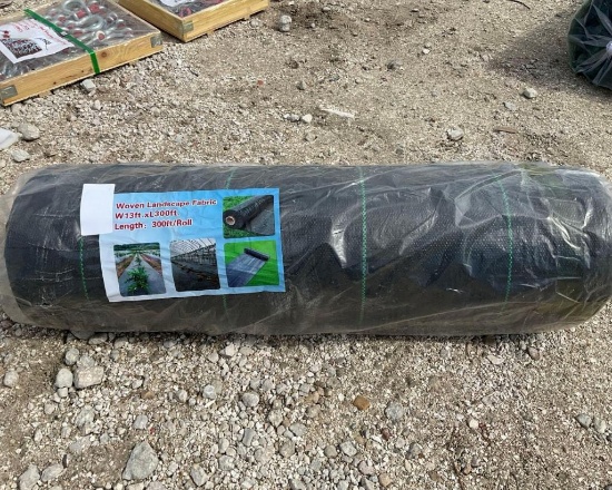 UNUSED WOVEN LANDSCAPE FABRIC ROLL; APPROX 300 FT L X 13 FT W