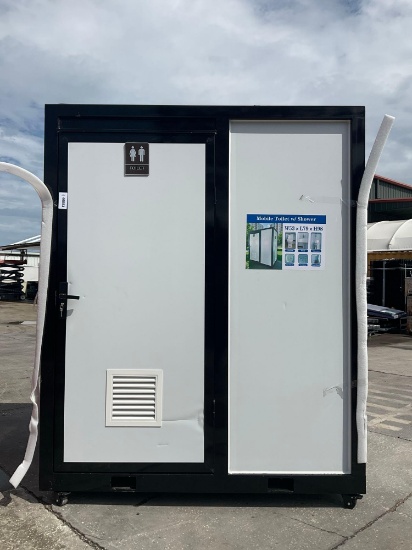 UNUSED MOBILE BATHROOM WITH SHOWER; INCLUDES TOILET, SHOWER, SINK, MIRRORED, PAPER ROLL BOX; AIR