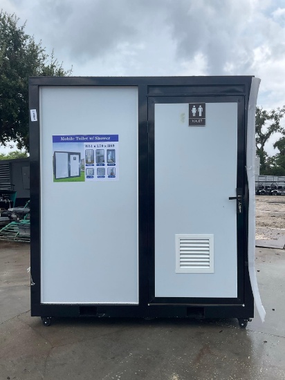 UNUSED MOBILE BATHROOM WITH SHOWER; INCLUDES TOILET, SHOWER, SINK, MIRRORED CABINET, TOILET PAPER