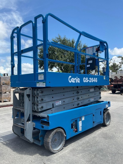 GENIE SCISSOR LIFT MODEL GS2646, ELECTRIC, APPROX MAX PLATFORM HEIGHT 26FT, BUILT IN BATTERY