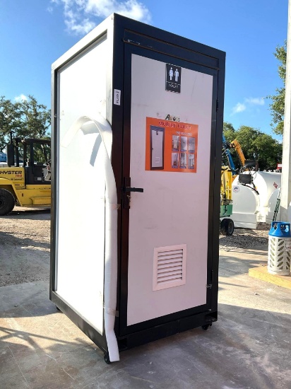 UNUSED SINGLE STALL MOBILE BATHROOM; APPROX 44 IN L X 49 W X 98 H; INCLUDES TOILET, PAPER ROLL BOX,