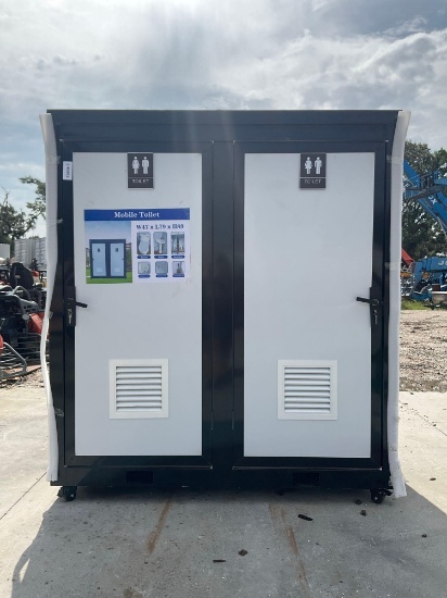 UNUSED MOBILE BATHROOM WITH 2 STALLS; APPROX 79 IN L X 47 W X 89 H; CONTAINS TOILET, SINK, PAPER