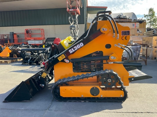 UNUSED 2026 SDLOOL STAND ON SKID STEER LOADER MODEL 360T, GAS POWERED, ELECTRIC START, RUBBER TRA...