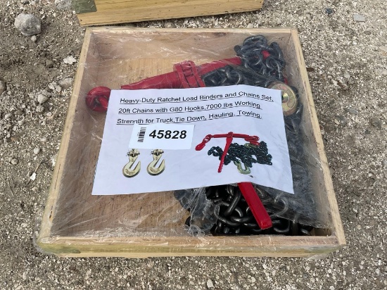 UNUSED HEAVY DUTY RATCHET LOAD BINDERS AND CHAINS SET; 20 FT CHAINS WITH G80 HOOKS; APPROX WORKING