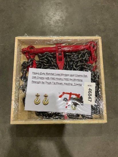 UNUSED HEAVY DUTY RATCHET LOAD BINDERS AND CHAINS SET; 20 FT CHAINS WITH G80 HOOKS; APPROX WORKING