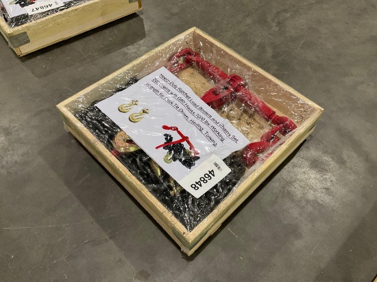 UNUSED HEAVY DUTY RATCHET LOAD BINDERS AND CHAINS SET; 20 FT CHAINS WITH G80 HOOKS; APPROX WORKING