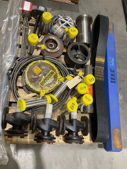 LOT OF ASSORTED INDUSTRIAL VALVES, STAINLESS STEEL COMPONENTS, HOSES, BELTS & PROCESS EQUIPMENT