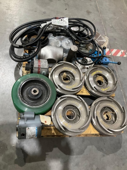 LOT OF ASSORTED INDUSTRIAL IMPELLERS, MOTORS, BELTS & MECHANICAL COMPONENTS: MULTIPLE MAKES, MODE...