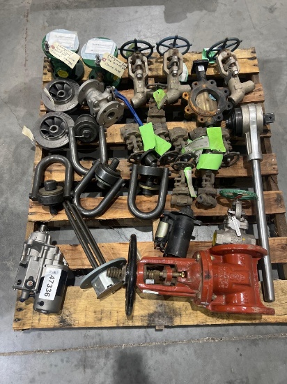 LOT OF ASSORTED INDUSTRIAL VALVES, IMPELLERS, MOTOR STARTERS, HEATER ELEMENTS & TORQUE WRENCH;