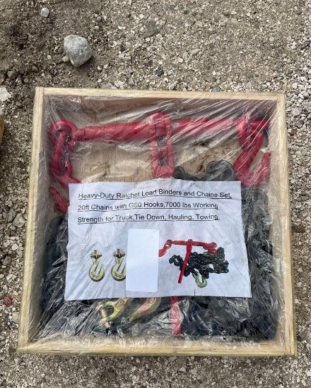 UNUSED HEAVY DUTY RATCHET LOAD BINDERS AND CHAINS SET; 20 FT CHAINS WITH G80 HOOKS; APPROX WORKING