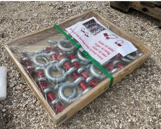 UNUSED HEAVY-DUTY D-RING SHACKLE SET; APPROX 30 PCS, APPROX 4400 LB, 10500 LB, AND 14500 LB;