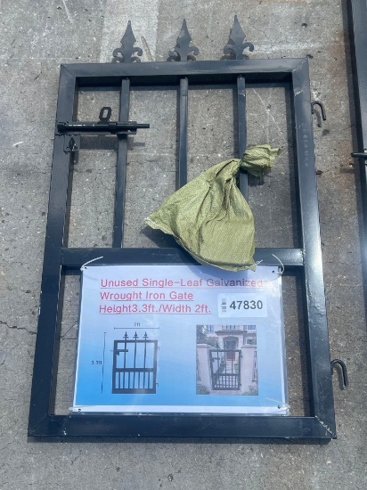 UNUSED SINGLE-LEAF GALVANIZED WROUGHT IRON GATE; APPROX 3FT H x 2 FT W