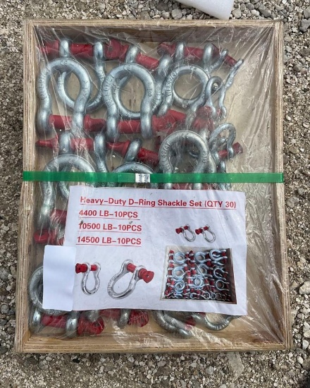 UNUSED HEAVY-DUTY D-RING SHACKLE SET; APPROX 30 PCS, APPROX 4400 LB, 10500 LB, AND 14500 LB;