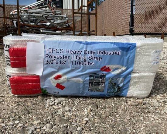 UNUSED HEAVY DUTY INDUSTRIAL POLYESTER LIFTING STRAP; APPROX 11000LBS; APPROX 3.9in X 13FT; APPROX