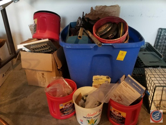 (5) containers of assorted hardware, measuring tapes, screws, vent covers, and more