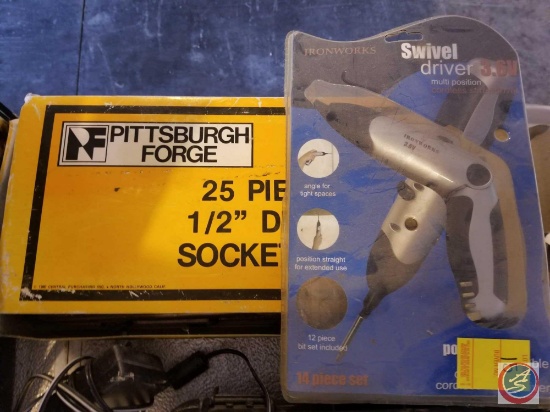 Pittsburgh Forge 25 piece 1/2 inch drive socket set in original packaging, and an Ironworks swivel