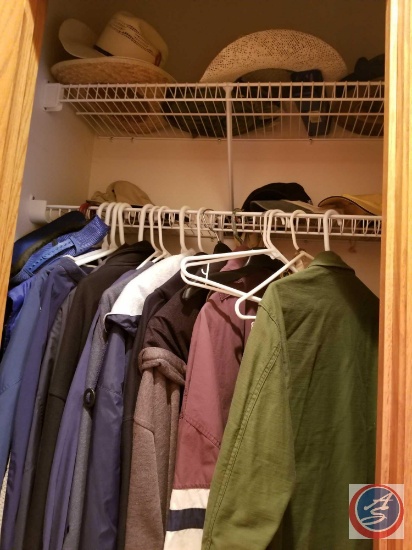 Contents of closet to include assorted mens coats/jackets, hats and more