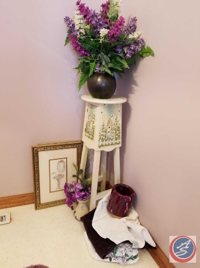 Contents of bathroom to include plant stand, faux flowers, framed picture, linens, etc.