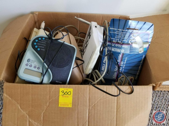 Large box containing assorted household phones