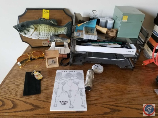 Large box containing office supplies, knick knacks, Big Mouth Bass, and more