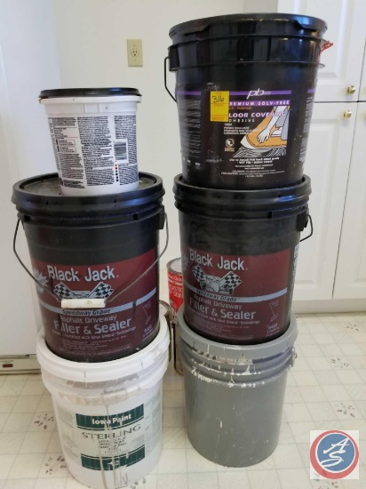 (5) partial five gallon buckets and assorted one gallon containers including Black Jack asphalt
