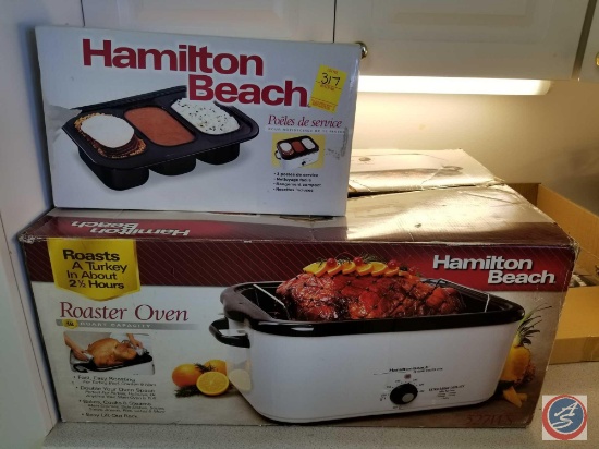 Hamilton Beach 18 quart roaster oven in original box, and a Hamilton beach 3 piece serving pan set