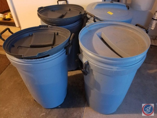 (4) large Rubbermaid trash cans with lids