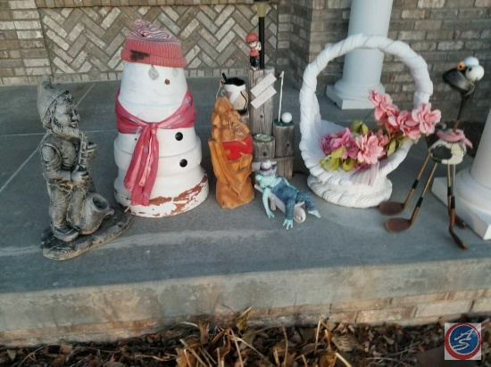 Outdoor decor including hand crafted ornaments, garden gnome statue, and more