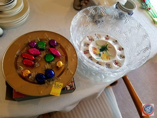 Plastic punch bowl, deviled egg platter, blown glass candies, and (2) Mikasa christmas serving