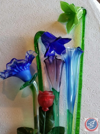 (6) glass blown decorative flowers by Glass Bohemia and American Best Craft Supply Co