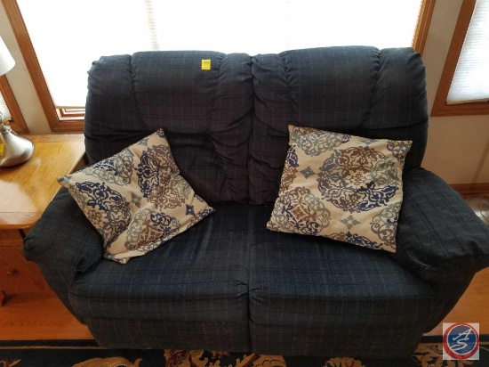 Upholstered reclining loveseat with pillows (64" x 32" x 37")