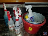 (3) metal, (1) plastic cleaning buckets with a variety of used cleaning supplies