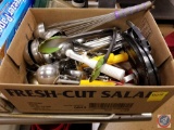box of assorted kitchen utensils including ladles, scoops, whisks, slotted spoons and more