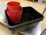 (2) bus tubs and (6) assorted size sanitizer buckets
