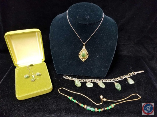 Clip on bracelet with stone charms, beaded bracelet, necklace and earring set, and a pendant