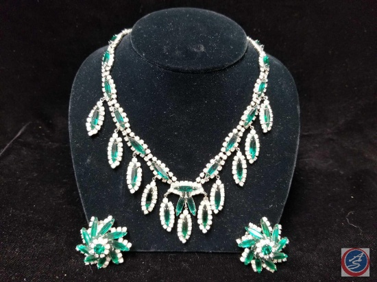 Green rhinestone necklace with clip on earrings set.