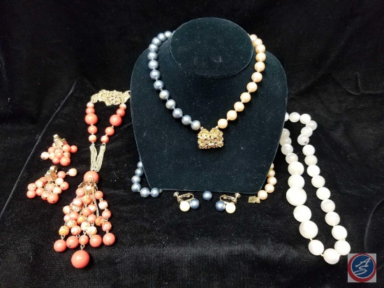 (3) beaded necklaces, (2) with matching clip on earrings