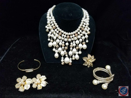 Imitation pearl necklace, pair of floral earrings, (2) bracelets, and brooch