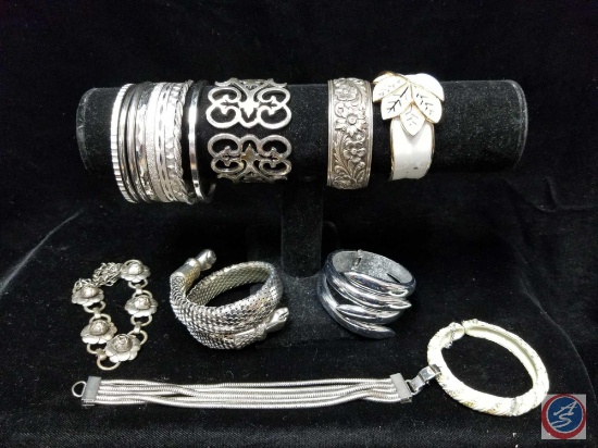 (6) hinged cuff bracelets, multi strand bracelet, clasp bracelet, and bangles