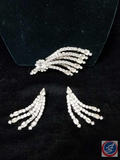 Rhinestone brooch with matching clip on earrings