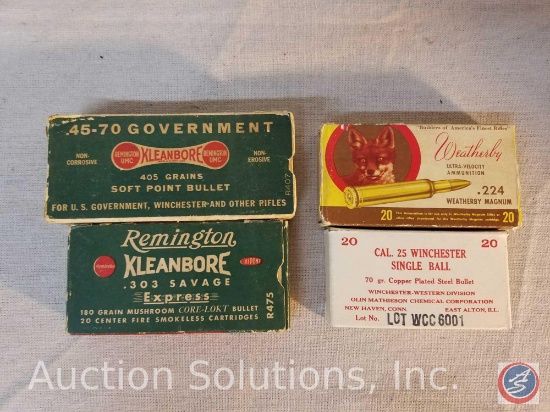(4) boxes of ammunition including Kleanbore, Weatherby, and Winchester. .303 Savage, .224 Weatherby