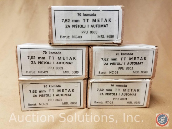 (5) boxes (350 rds per lot) of TT METAK 7.62 x 25 mm ammunition. Head stamp '86