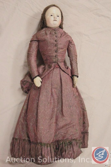 ANTIQUE DOLL (mid-1800s) 32" tall, papier-mache head, leather body and limbs, inset brown glass