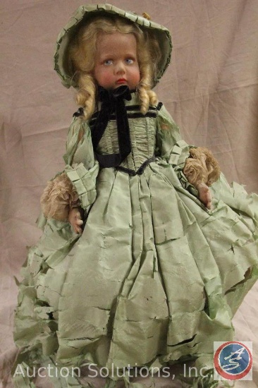 LENCI DOLL, 19" tall pressed felt doll in green dress and hat, all original, painted features,